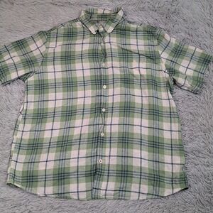 Weather Vintage Shirt Mens XXL Green Linen Blend Button Up Pocket Comfort Casual